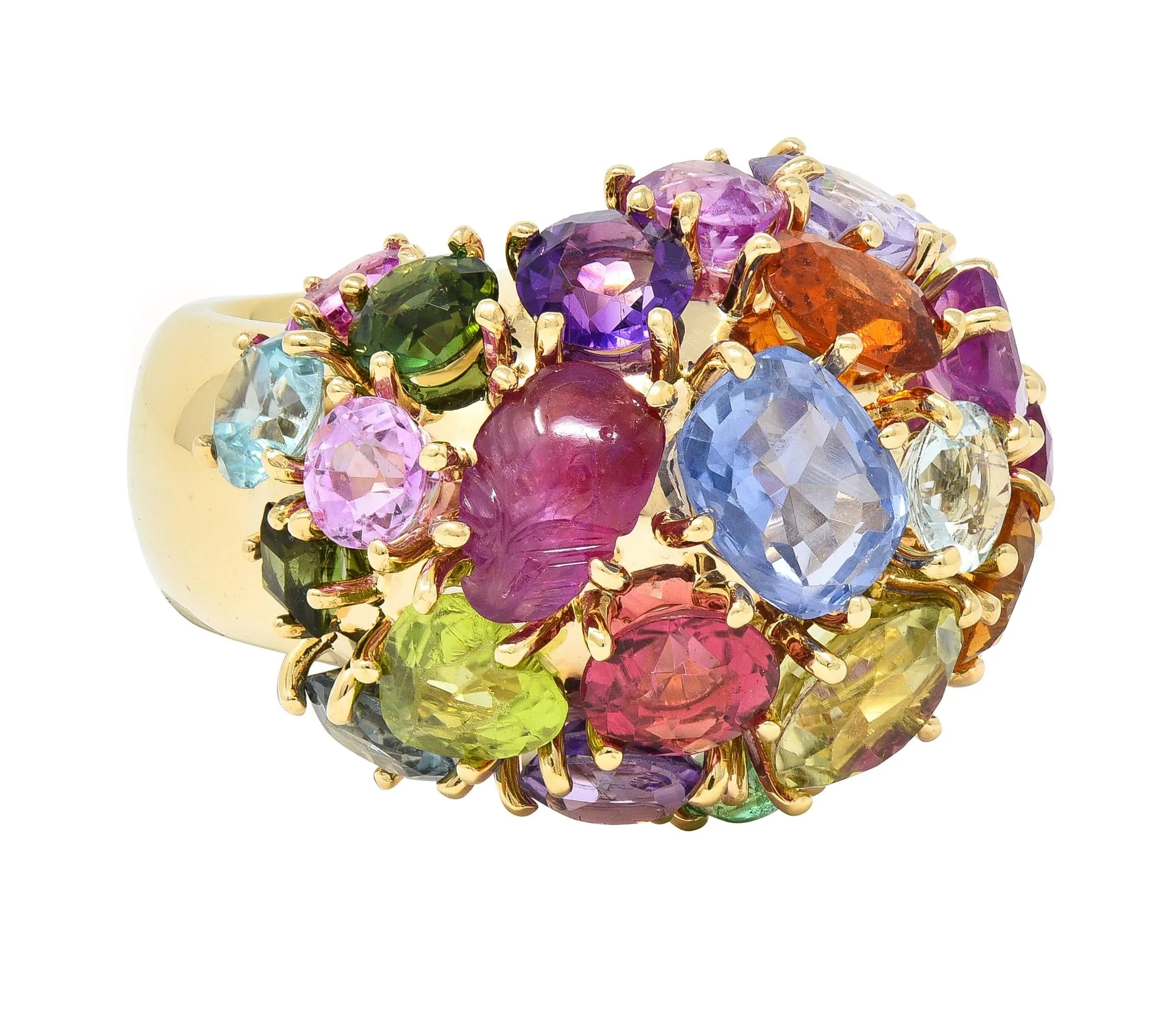 1990's Multi-Gem Sapphire Topaz Peridot 14 Karat Yellow Gold Vintage Cluster Cocktail Ring