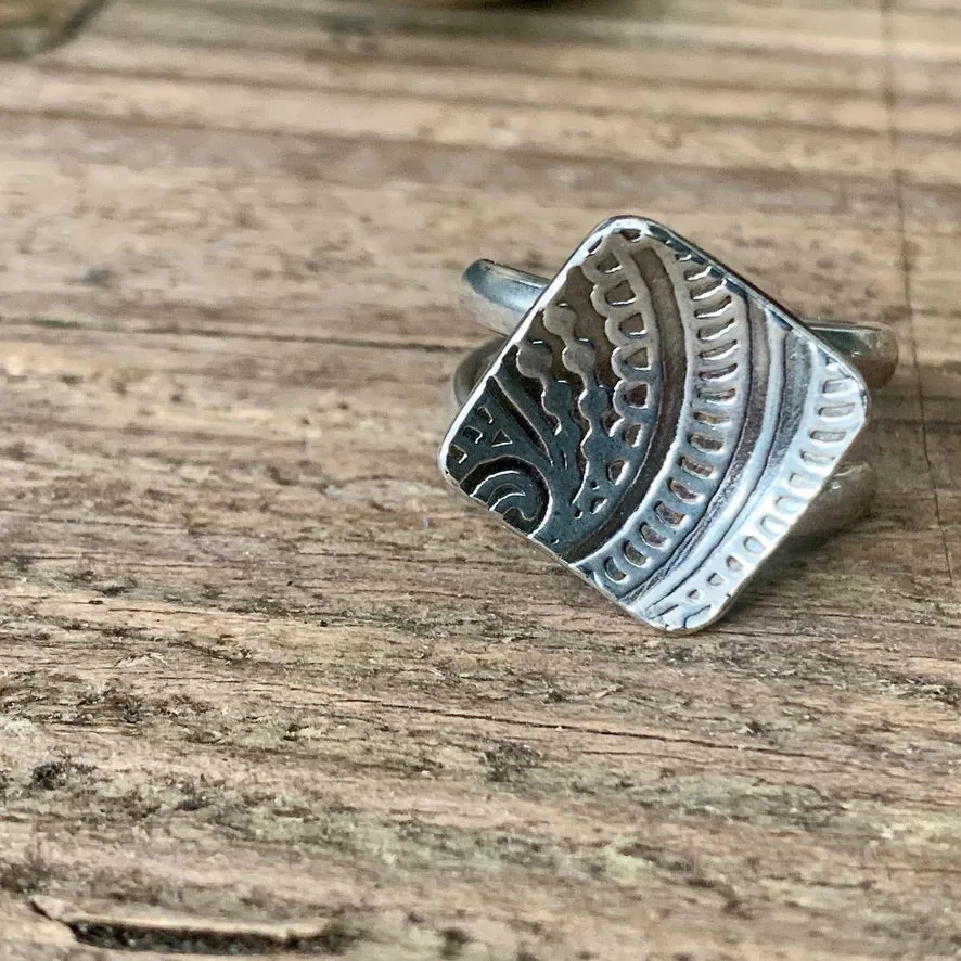 Adjustable sterling silver bohemian square ring. Made to order