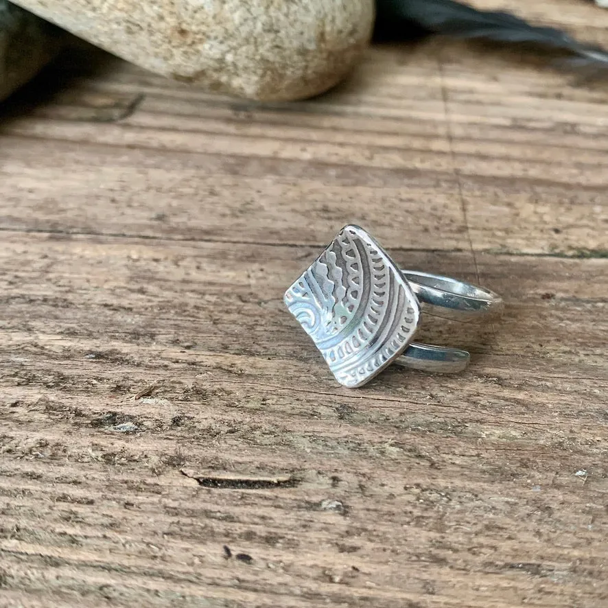 Adjustable sterling silver bohemian square ring. Made to order