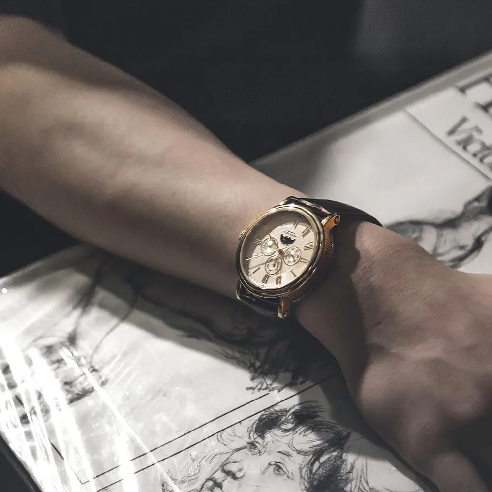 ARIES GOLD URBAN KENSINGTON ROSE GOLD STAINLESS STEEL G 101 RG-W BROWN LEATHER STRAP MEN'S WATCH