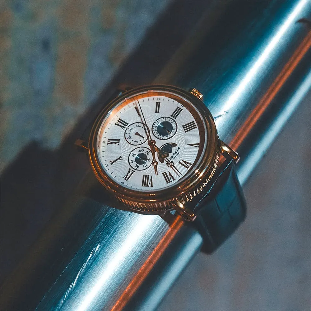 ARIES GOLD URBAN KENSINGTON ROSE GOLD STAINLESS STEEL G 101 RG-W BROWN LEATHER STRAP MEN'S WATCH