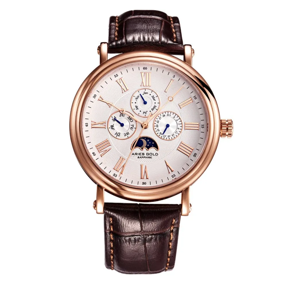 ARIES GOLD URBAN KENSINGTON ROSE GOLD STAINLESS STEEL G 101 RG-W BROWN LEATHER STRAP MEN'S WATCH