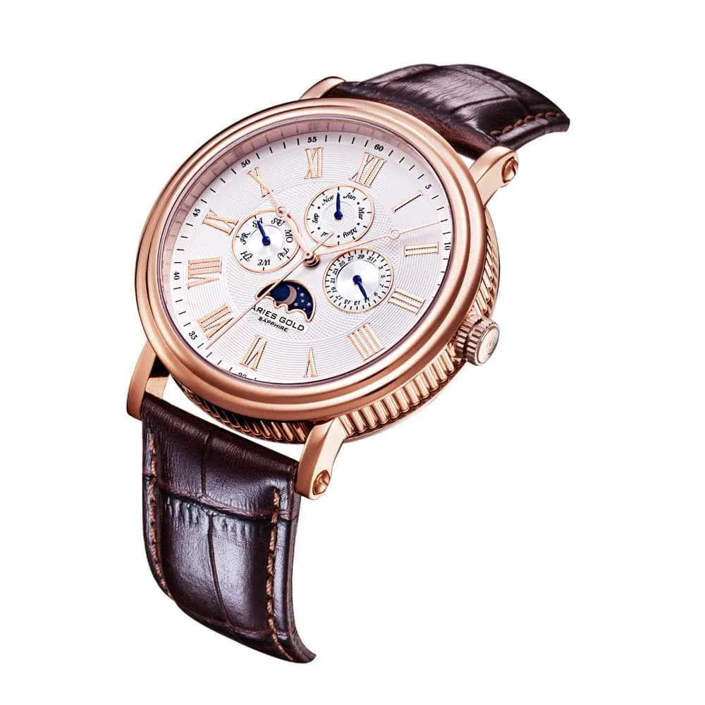ARIES GOLD URBAN KENSINGTON ROSE GOLD STAINLESS STEEL G 101 RG-W BROWN LEATHER STRAP MEN'S WATCH