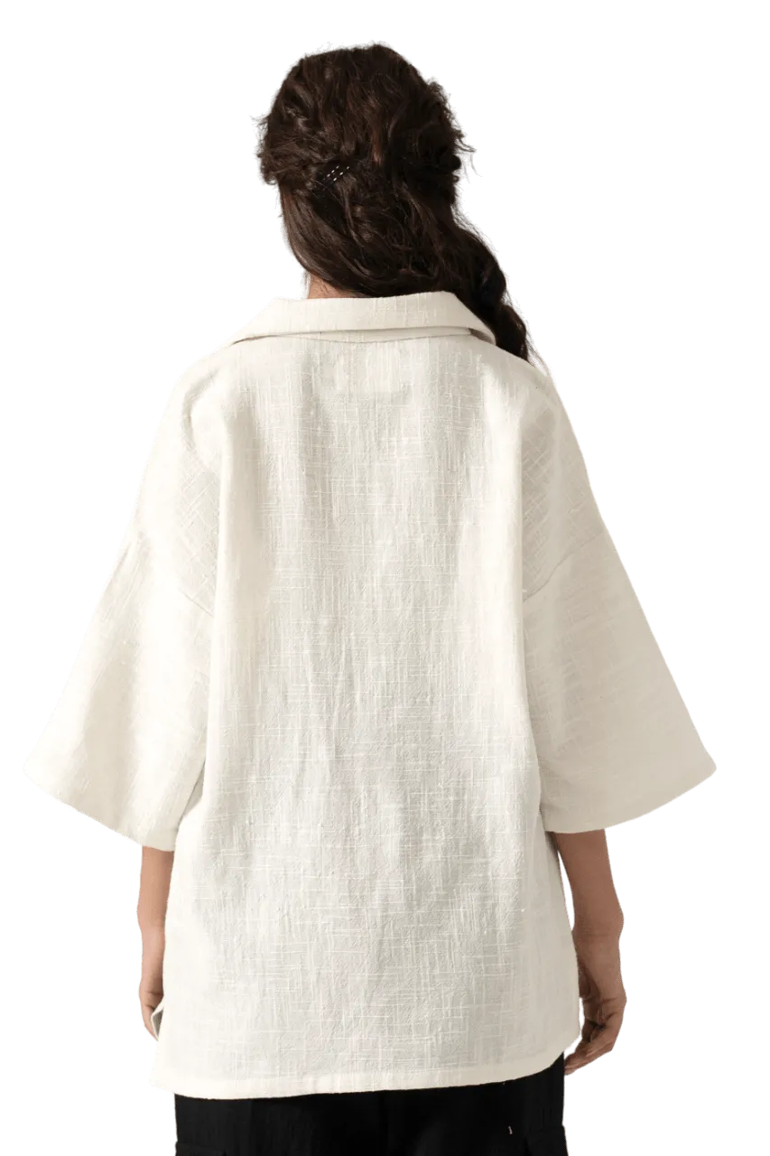beige handwoven button down