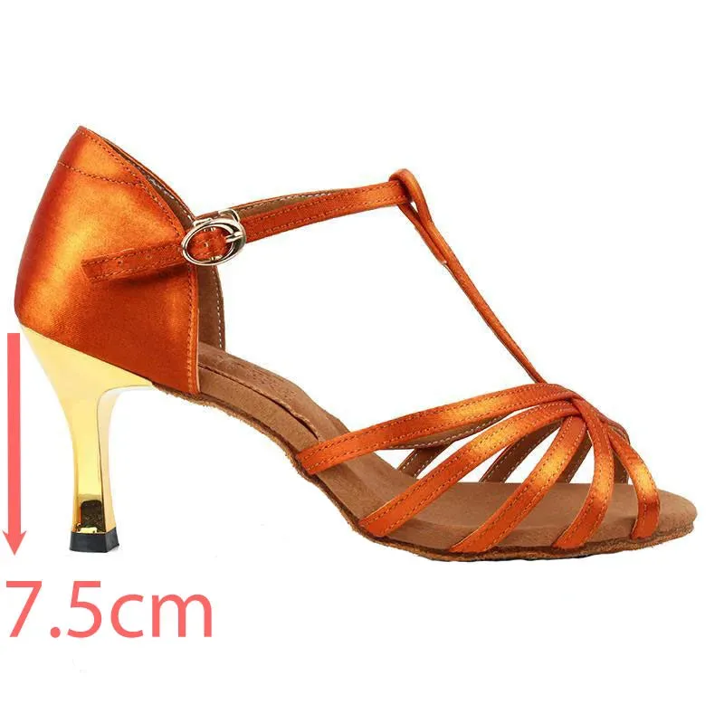 Black Latin Dance Shoes Golden High Heel Sandals for Women Indoor 7.5/8.5 Soft Bottom Practice Performing Party Summer Jazz