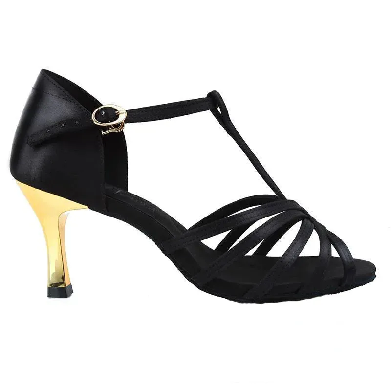 Black Latin Dance Shoes Golden High Heel Sandals for Women Indoor 7.5/8.5 Soft Bottom Practice Performing Party Summer Jazz