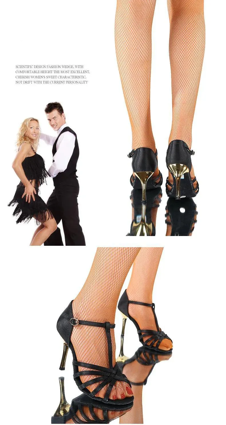 Black Latin Dance Shoes Golden High Heel Sandals for Women Indoor 7.5/8.5 Soft Bottom Practice Performing Party Summer Jazz