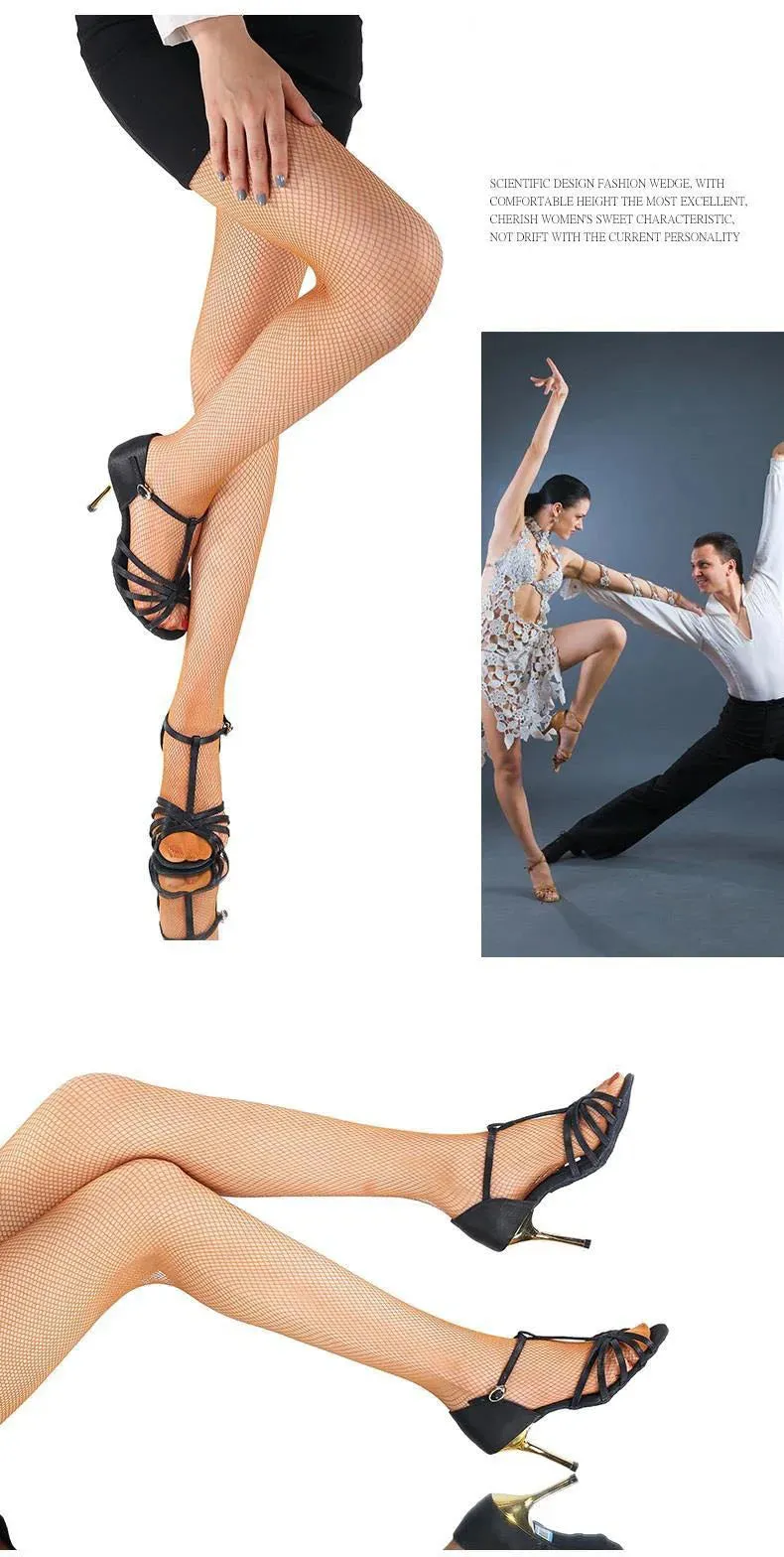 Black Latin Dance Shoes Golden High Heel Sandals for Women Indoor 7.5/8.5 Soft Bottom Practice Performing Party Summer Jazz