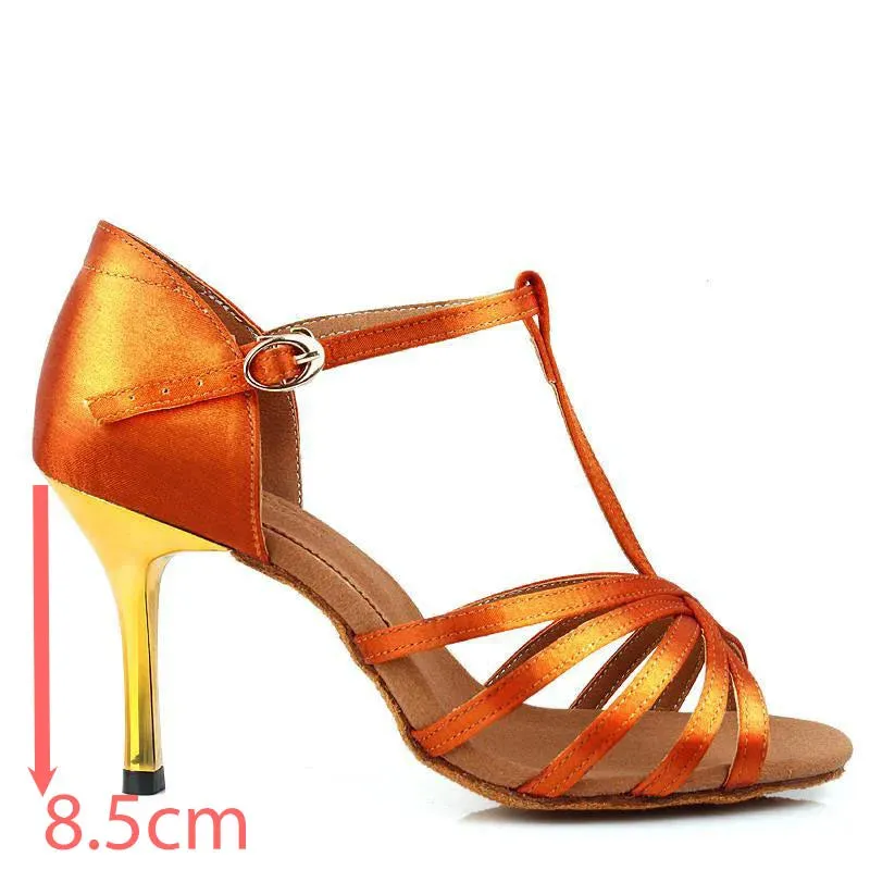 Black Latin Dance Shoes Golden High Heel Sandals for Women Indoor 7.5/8.5 Soft Bottom Practice Performing Party Summer Jazz