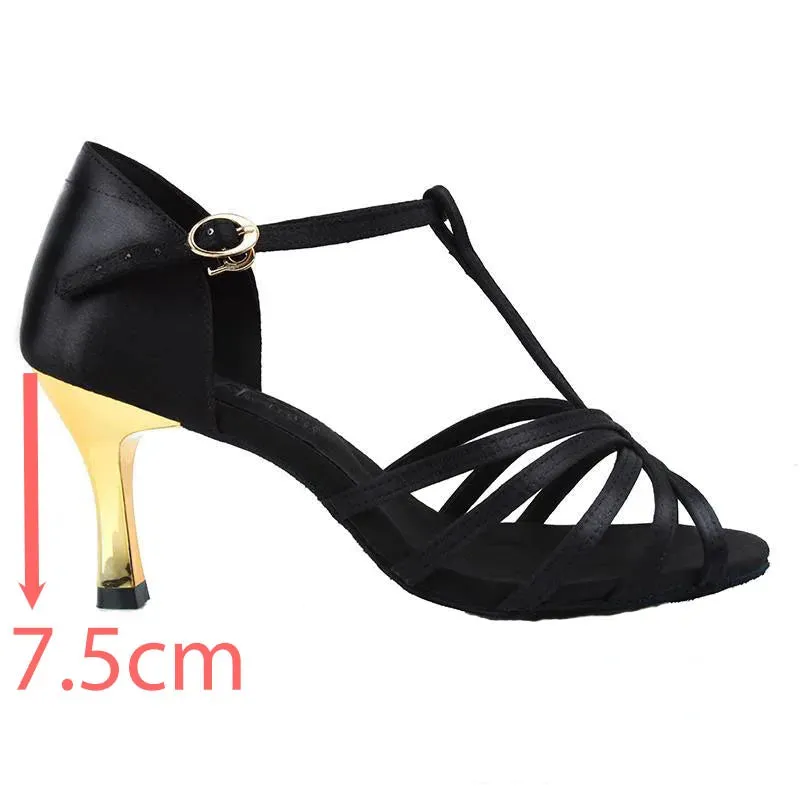 Black Latin Dance Shoes Golden High Heel Sandals for Women Indoor 7.5/8.5 Soft Bottom Practice Performing Party Summer Jazz