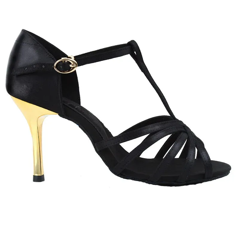 Black Latin Dance Shoes Golden High Heel Sandals for Women Indoor 7.5/8.5 Soft Bottom Practice Performing Party Summer Jazz
