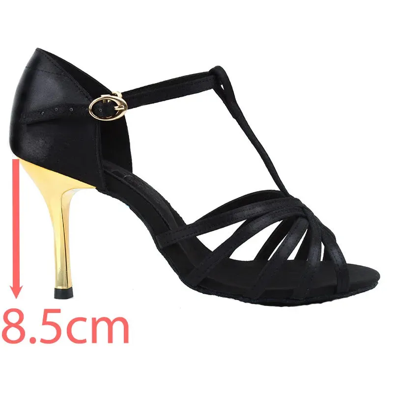 Black Latin Dance Shoes Golden High Heel Sandals for Women Indoor 7.5/8.5 Soft Bottom Practice Performing Party Summer Jazz