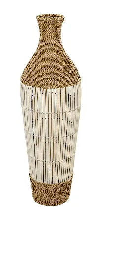 BROWN SEAGRASS HANDMADE WRAPPED TALL FLOOR VASE WITH OPEN FRAMED CREAM BAMBOO CENTER, 13" X 13" X 40"