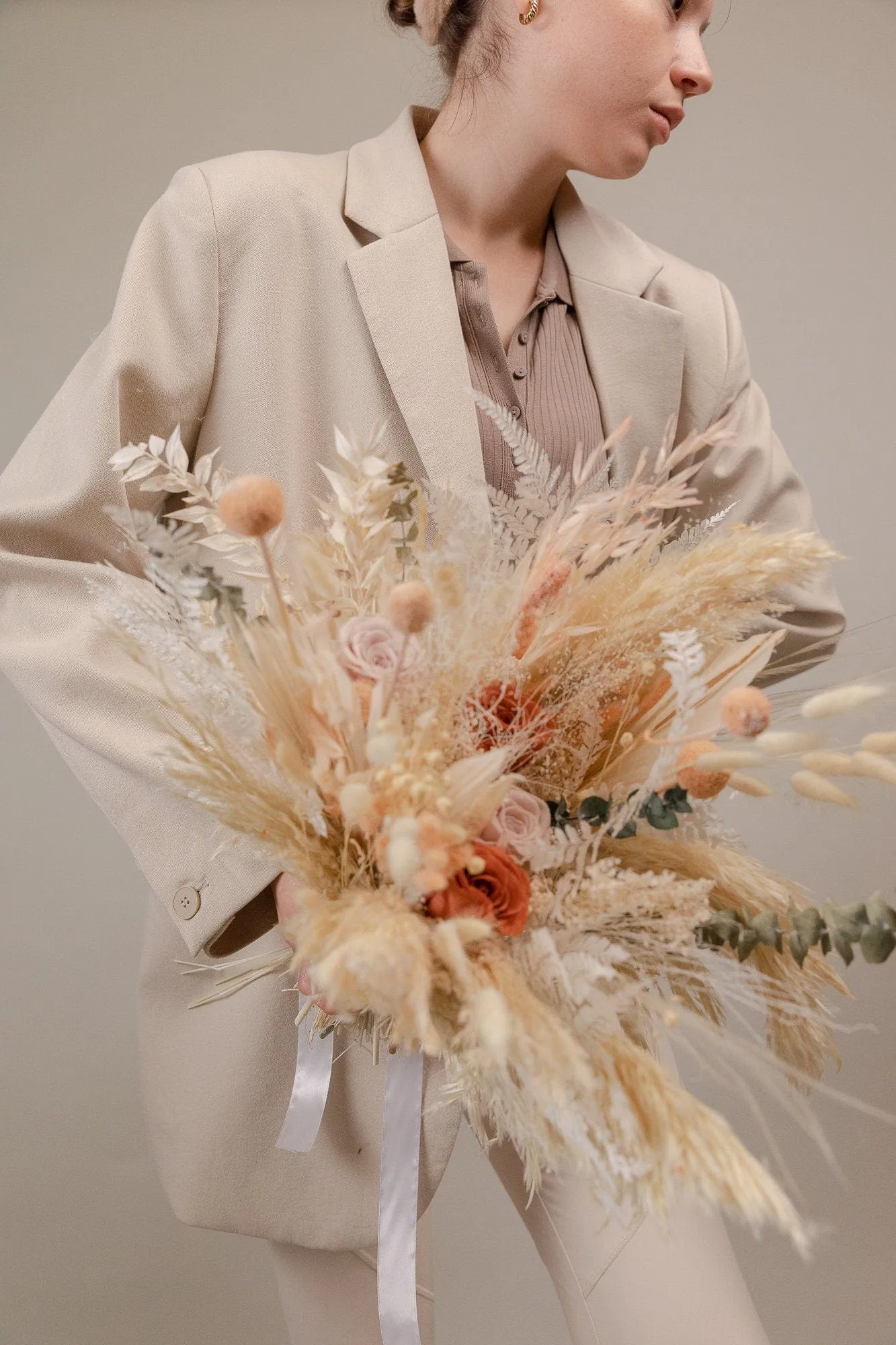 Burnt Orange & Nude Tones Peachy Bridal Bouquet / Eternal Roses and Preserved Fern