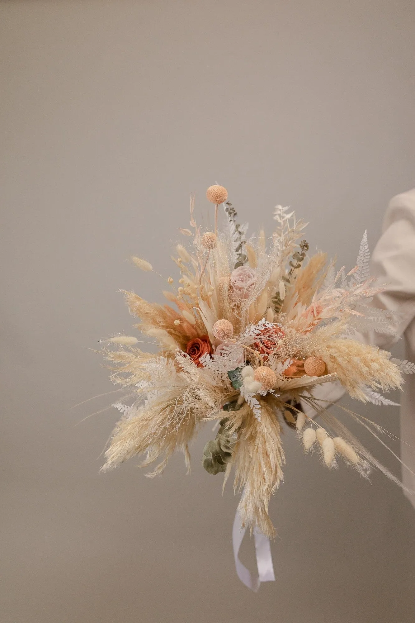 Burnt Orange & Nude Tones Peachy Bridal Bouquet / Eternal Roses and Preserved Fern