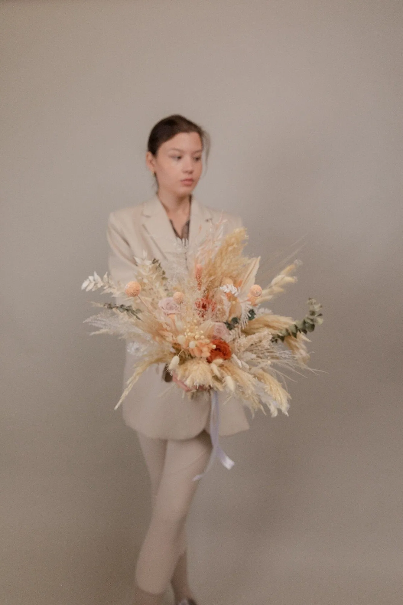 Burnt Orange & Nude Tones Peachy Bridal Bouquet / Eternal Roses and Preserved Fern