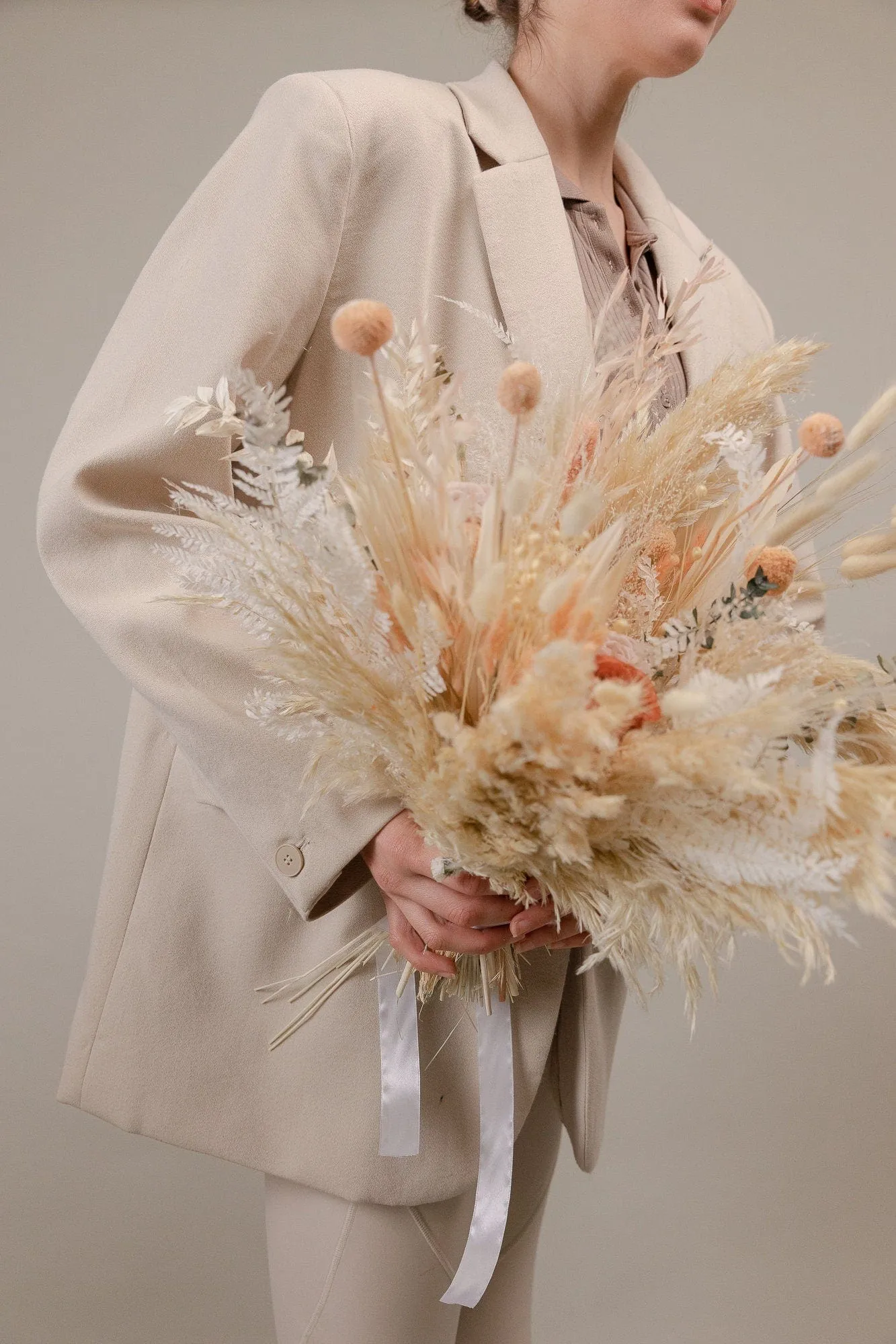 Burnt Orange & Nude Tones Peachy Bridal Bouquet / Eternal Roses and Preserved Fern