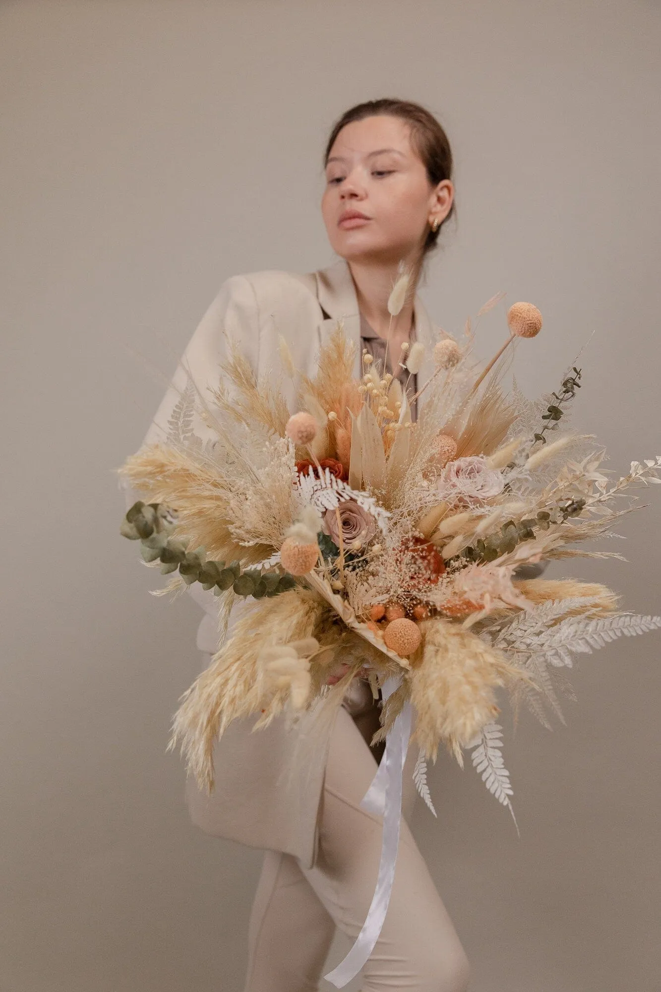 Burnt Orange & Nude Tones Peachy Bridal Bouquet / Eternal Roses and Preserved Fern