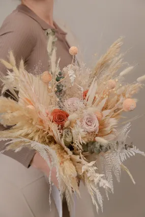 Burnt Orange & Nude Tones Peachy Bridal Bouquet / Eternal Roses and Preserved Fern