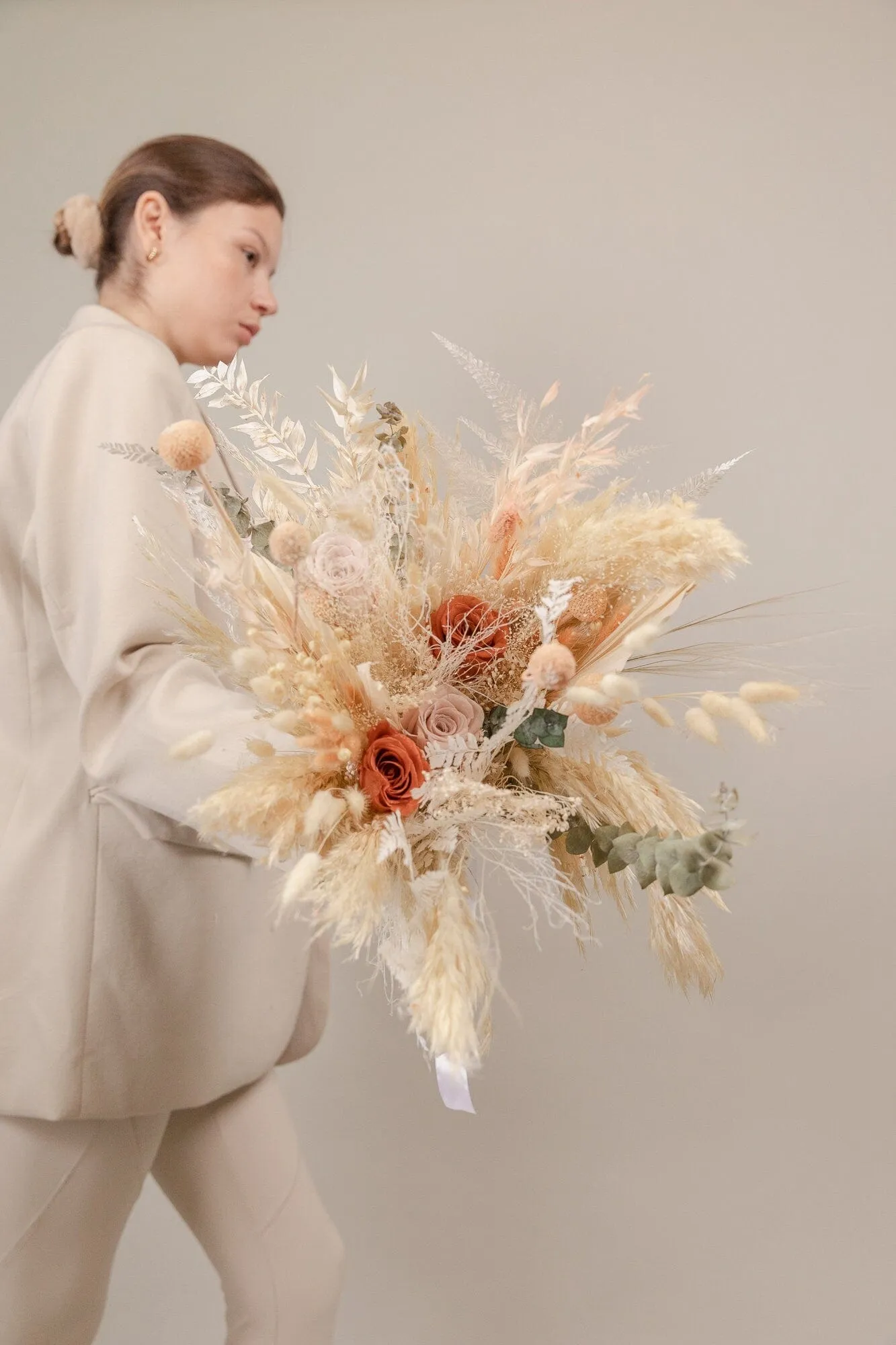 Burnt Orange & Nude Tones Peachy Bridal Bouquet / Eternal Roses and Preserved Fern