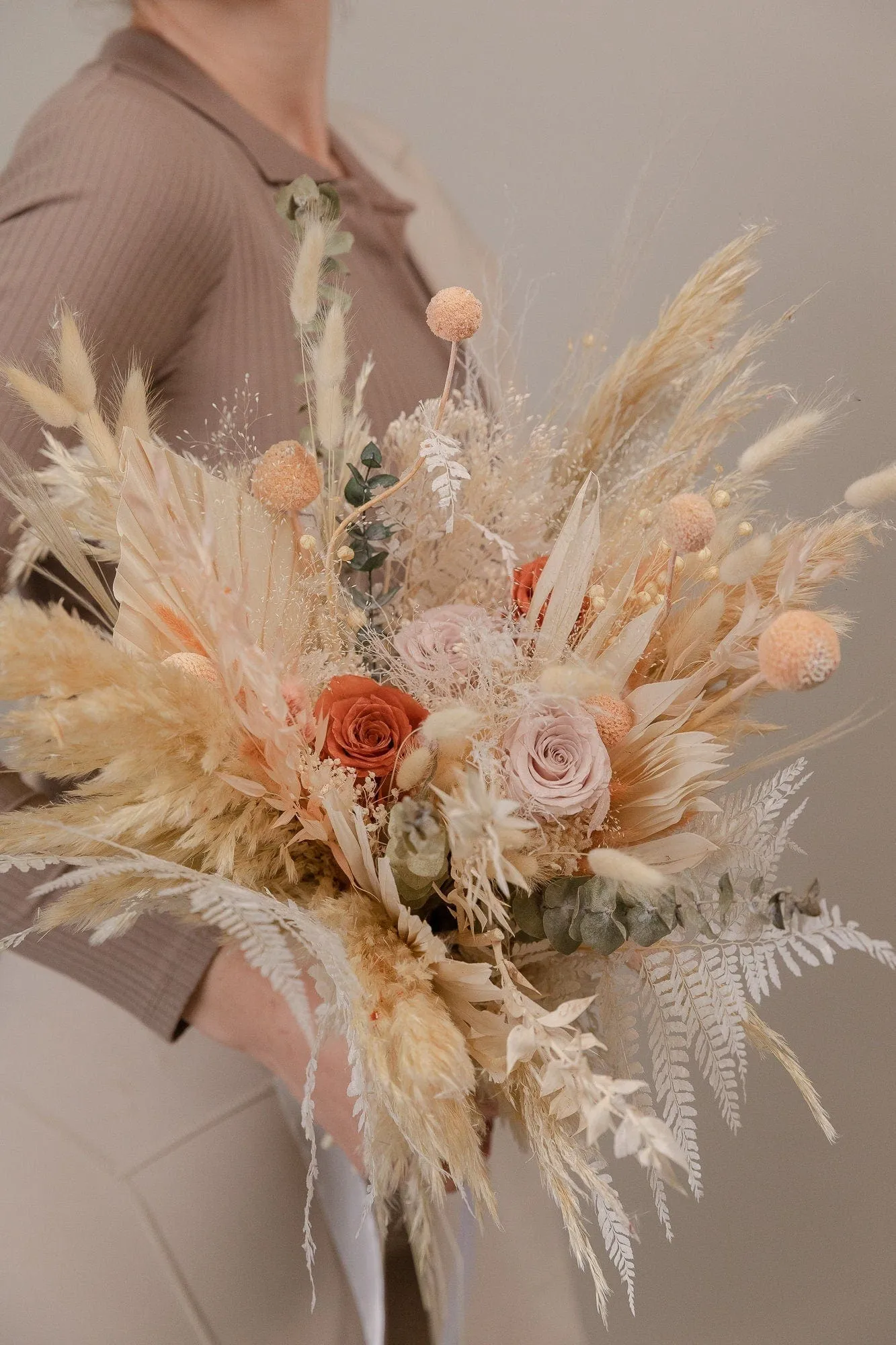 Burnt Orange & Nude Tones Peachy Bridal Bouquet / Eternal Roses and Preserved Fern