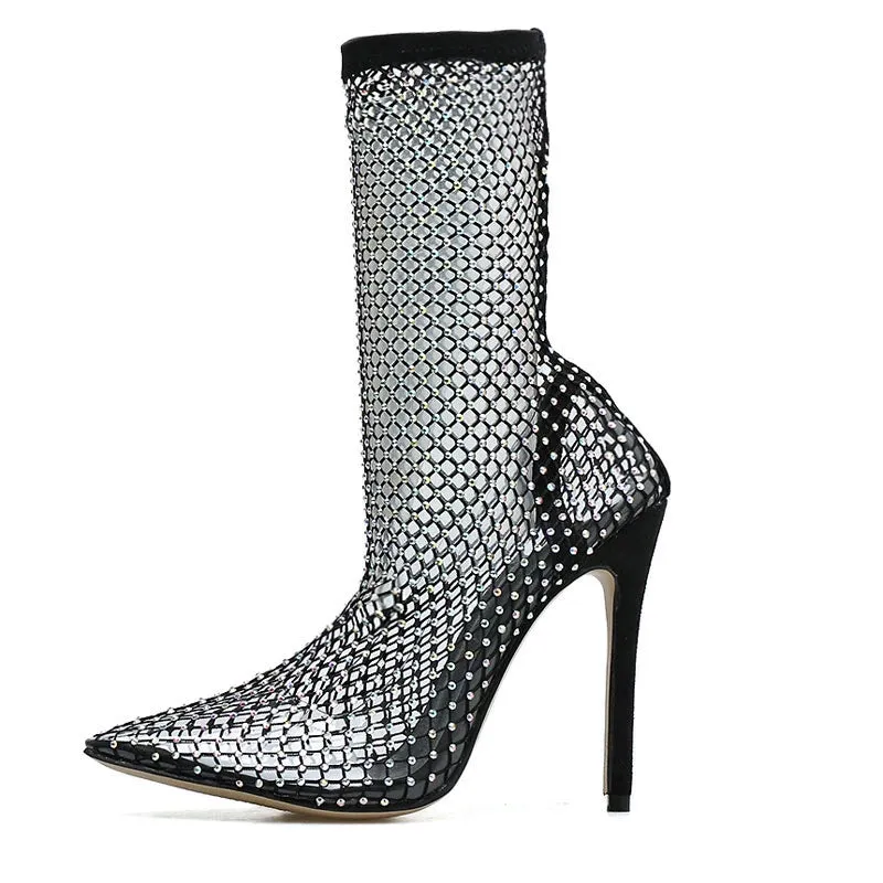Crystal Rhinestone Mesh Soxk Boots