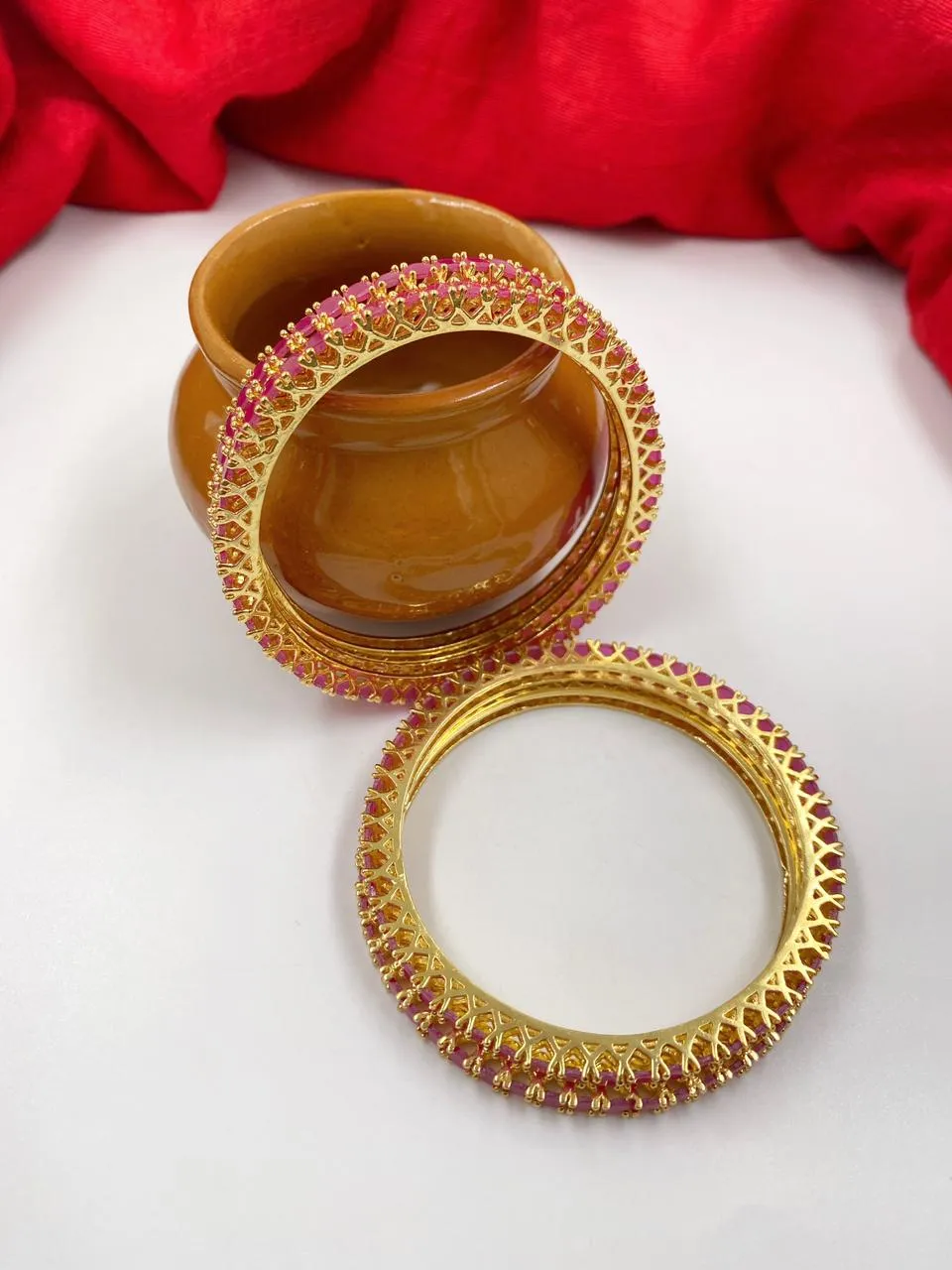 CZ Single Line Ruby Stone American Diamond Bangles By Gehna Shop (Set Of 4)