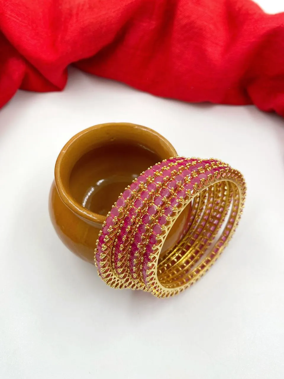 CZ Single Line Ruby Stone American Diamond Bangles By Gehna Shop (Set Of 4)