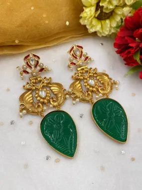 Designer Gold Plated Long Green Stone Dangler Earrings For Ladies By Gehna Shop
