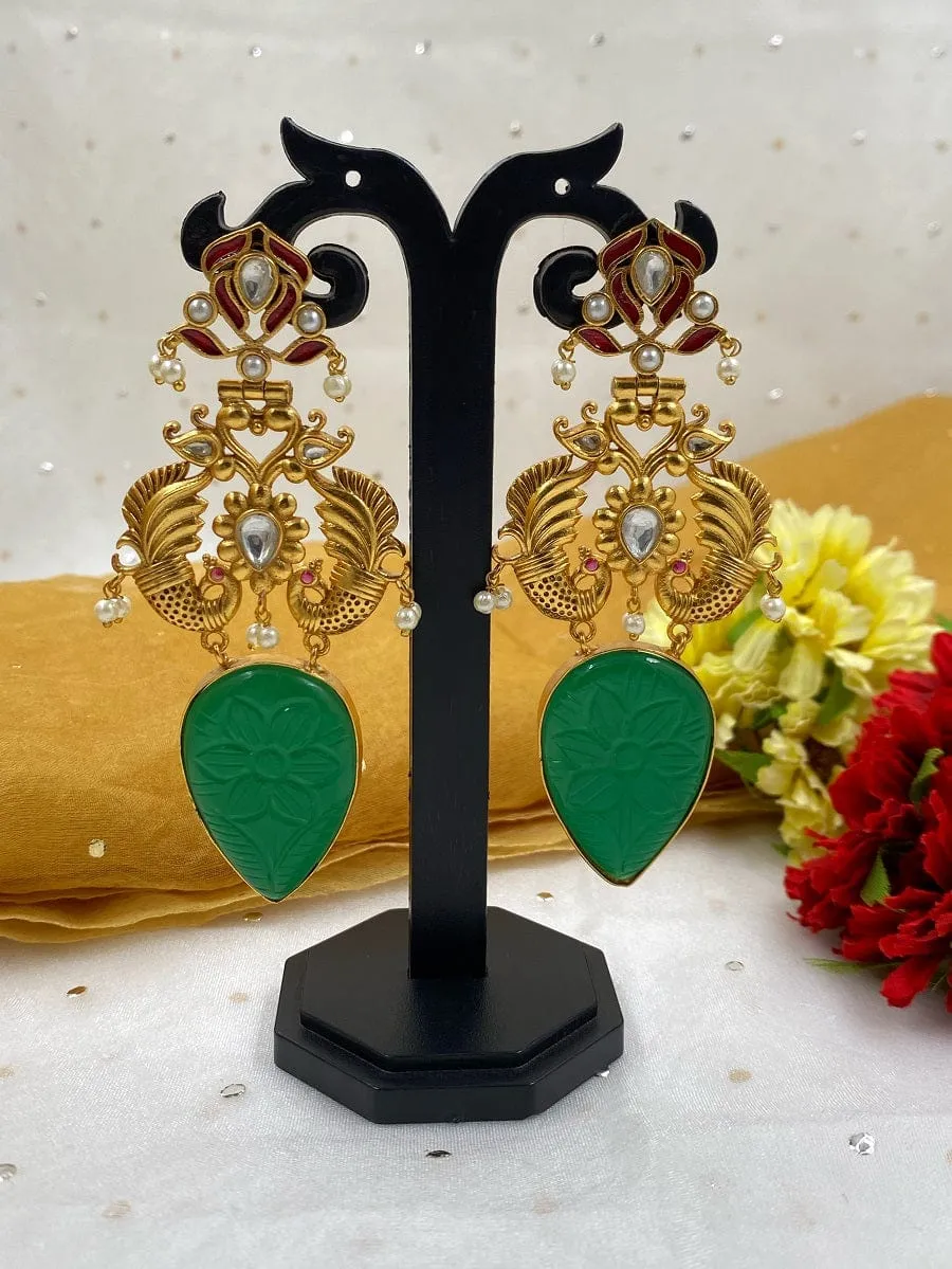 Designer Gold Plated Long Green Stone Dangler Earrings For Ladies By Gehna Shop