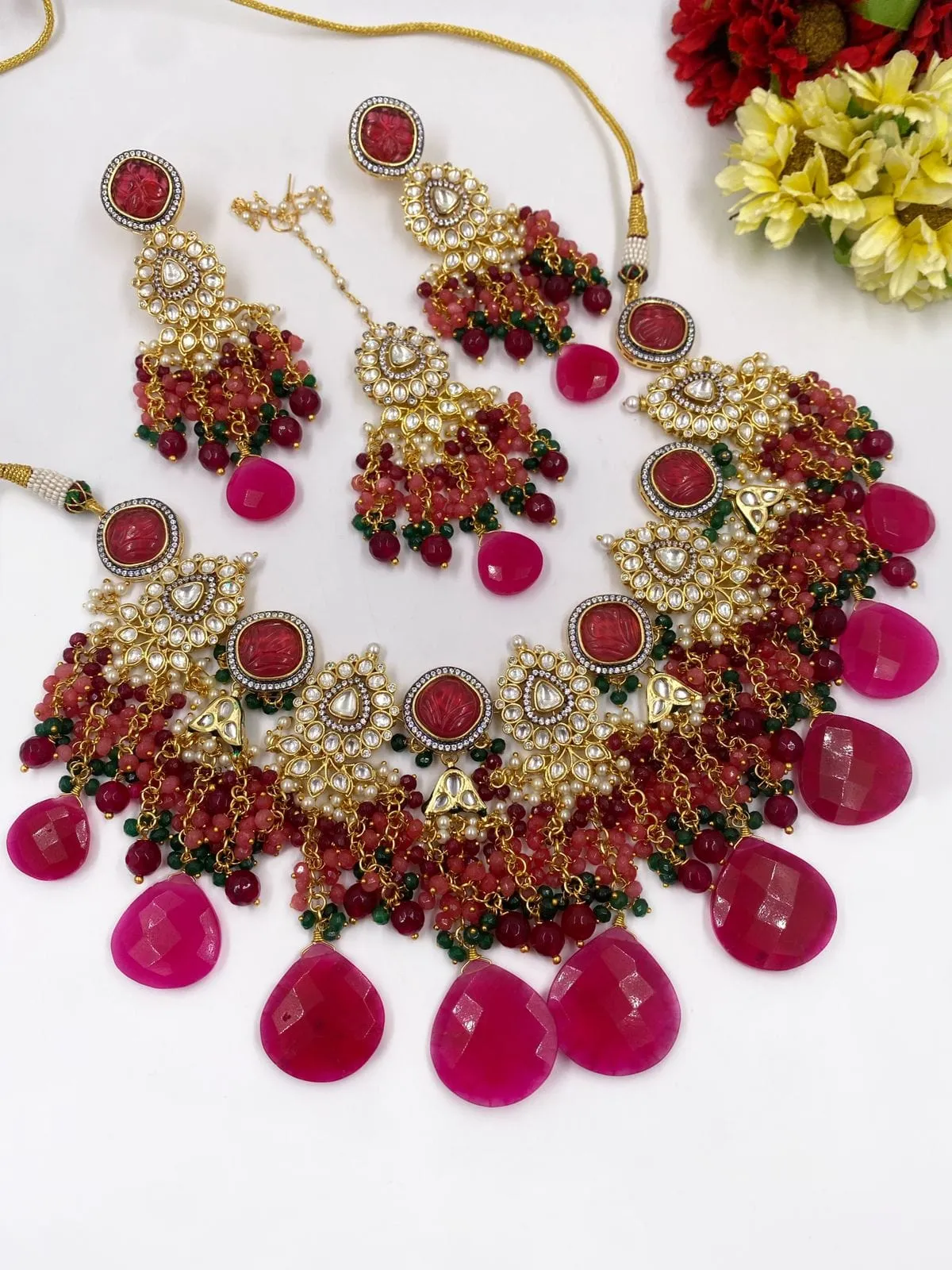 Designer Handcrafted Pink Bridal Necklace Set For Wedding By Gehna Shop