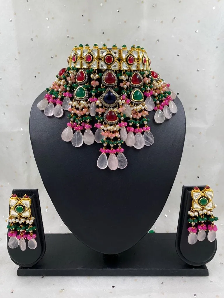 Designer Handmade Multi Color Kundan And Beads Choker Necklace Set For Ladies
