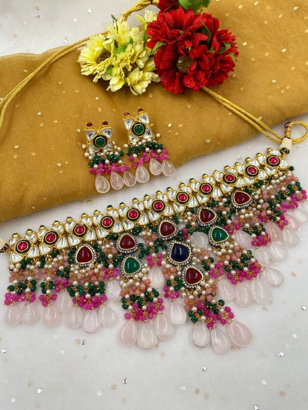 Designer Handmade Multi Color Kundan And Beads Choker Necklace Set For Ladies