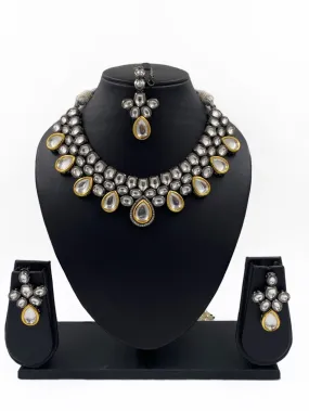 Designer Victorian Polki Oxidized Kundan Necklace Set With Maang Tikka For Women By Gehna Shop
