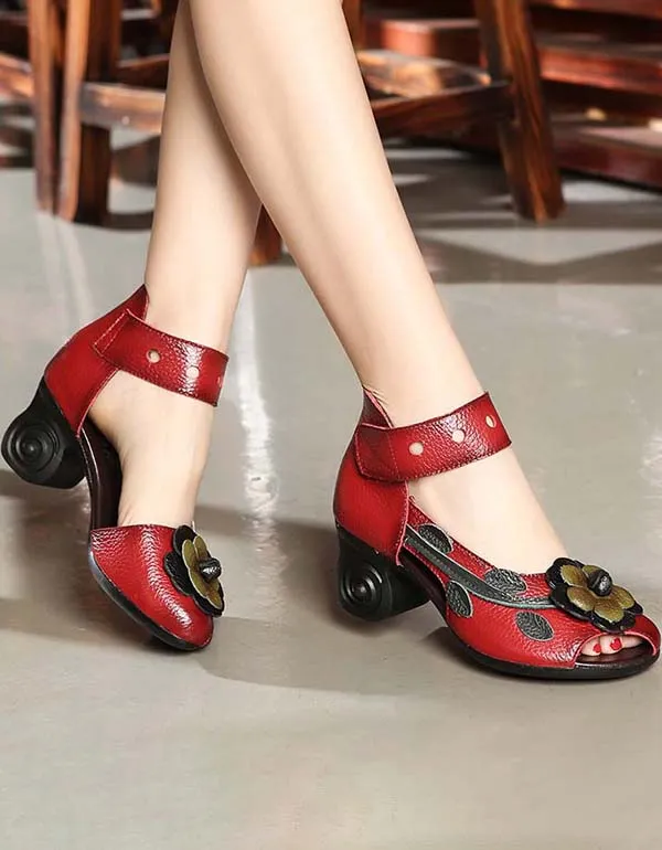 Ethnic Style Flowers Chunky Heel Sandals