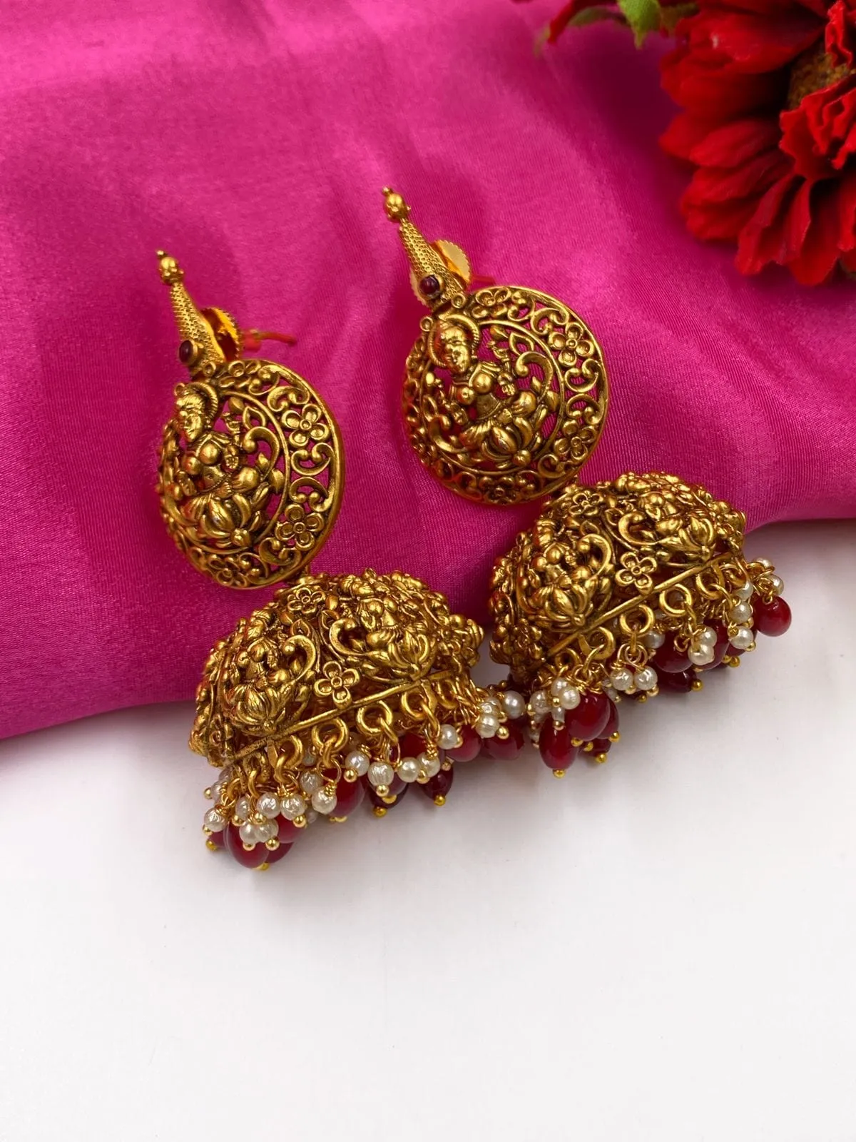 Gold Plated Goddess Lakshmi Temple Jhumka Earrings By Gehna Shop