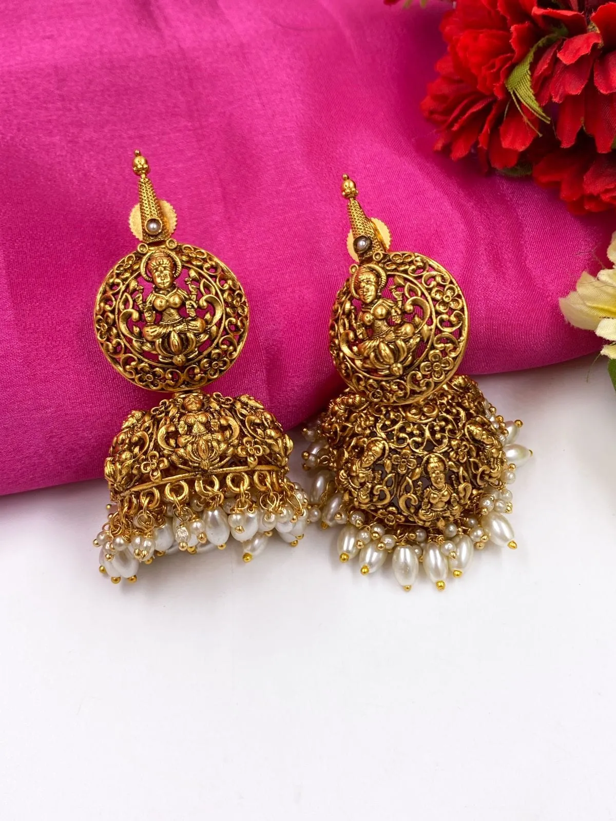 Gold Plated Goddess Lakshmi Temple Jhumka Earrings By Gehna Shop