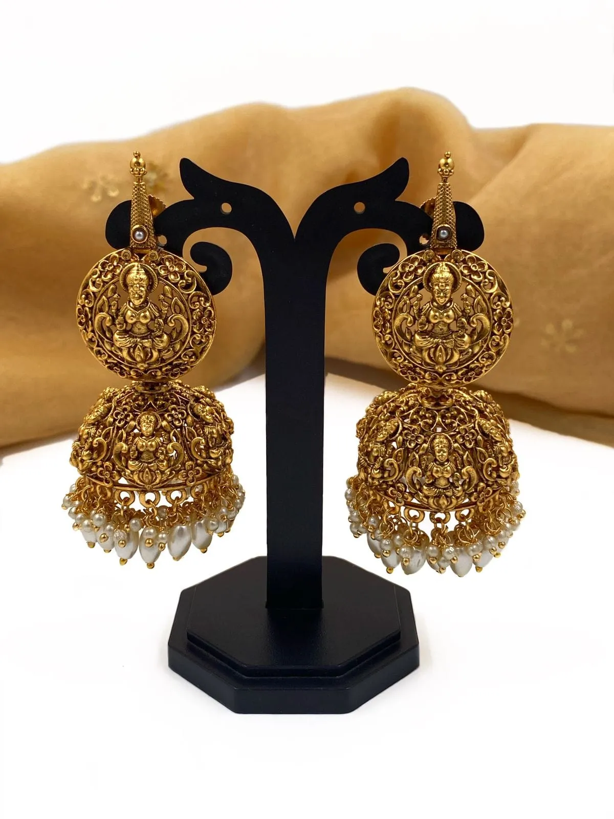 Gold Plated Goddess Lakshmi Temple Jhumka Earrings By Gehna Shop