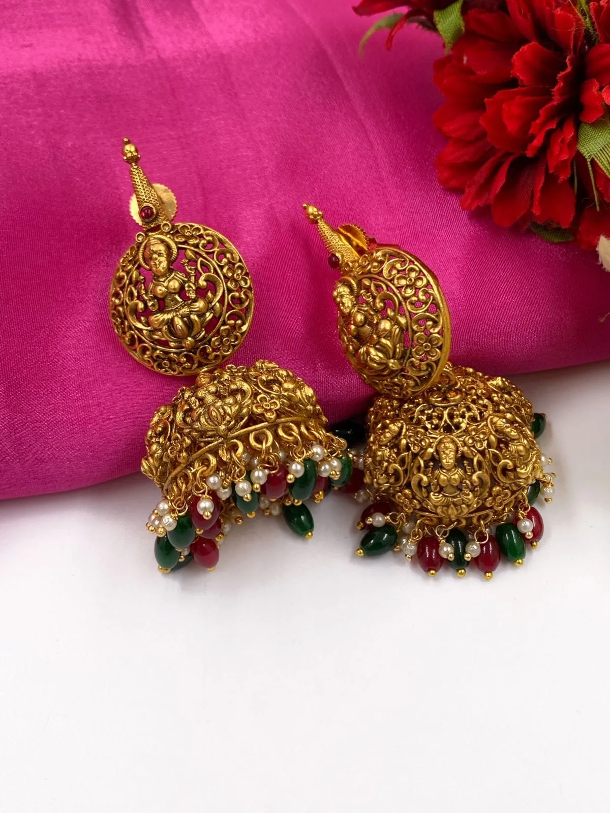 Gold Plated Goddess Lakshmi Temple Jhumka Earrings By Gehna Shop
