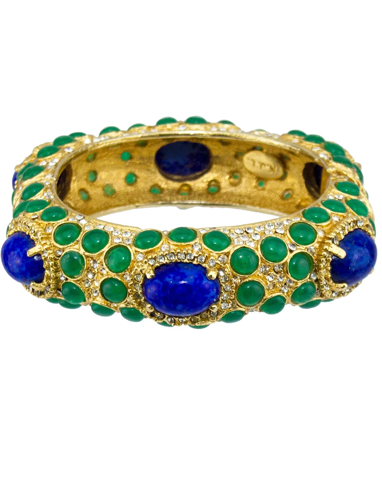 Gold Tone Bangle with Green and Blue Cabochon Stones