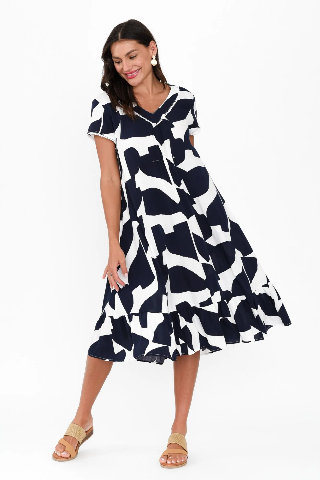 Karlie Navy Abstract V Neck Dress