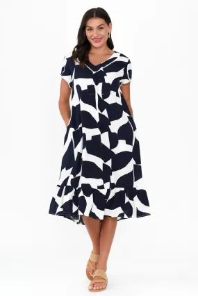 Karlie Navy Abstract V Neck Dress