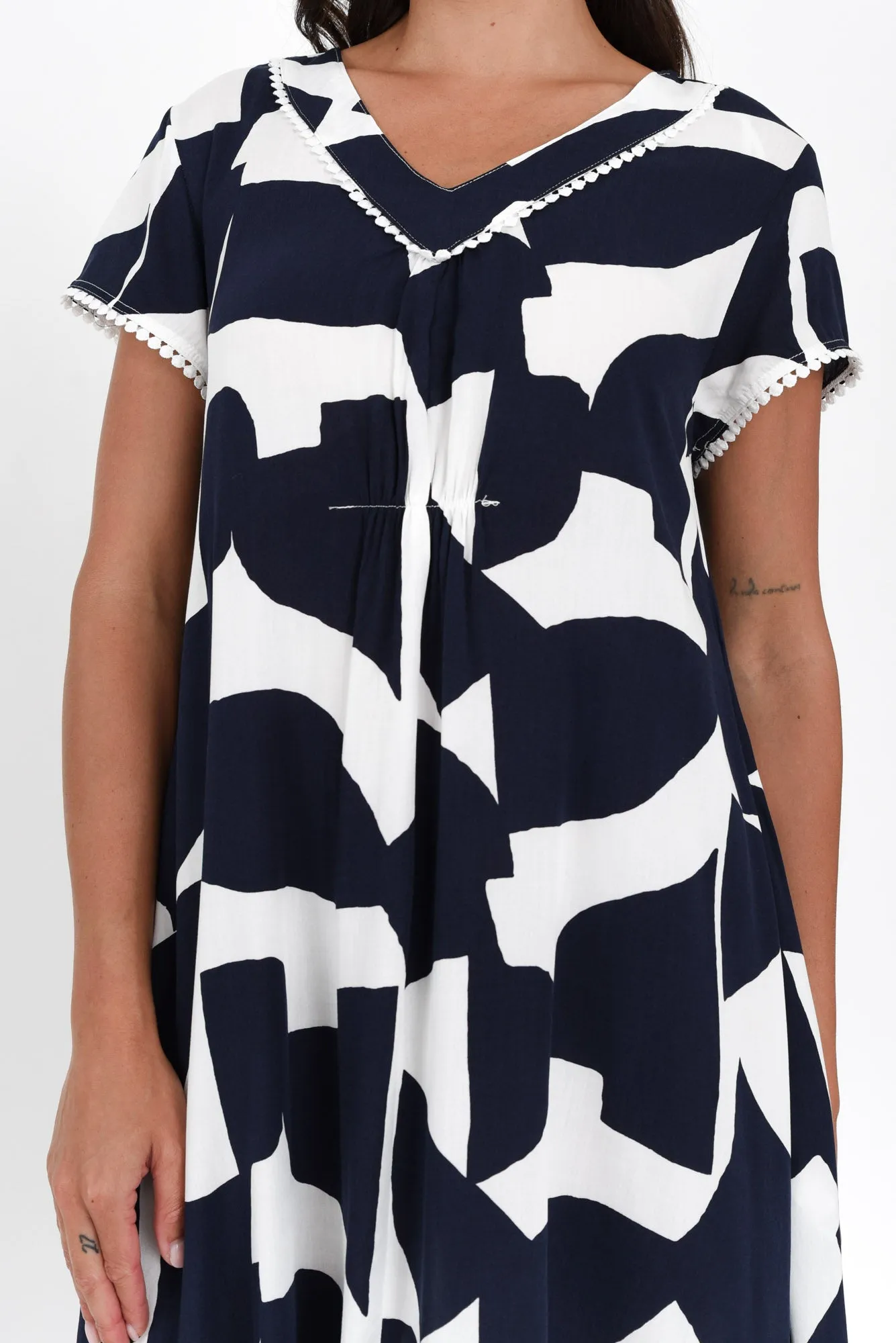Karlie Navy Abstract V Neck Dress
