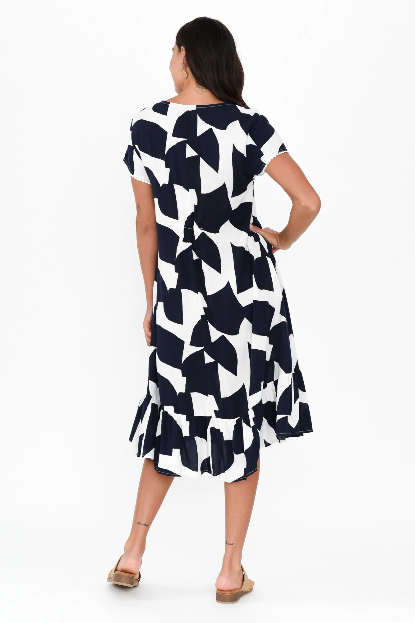 Karlie Navy Abstract V Neck Dress