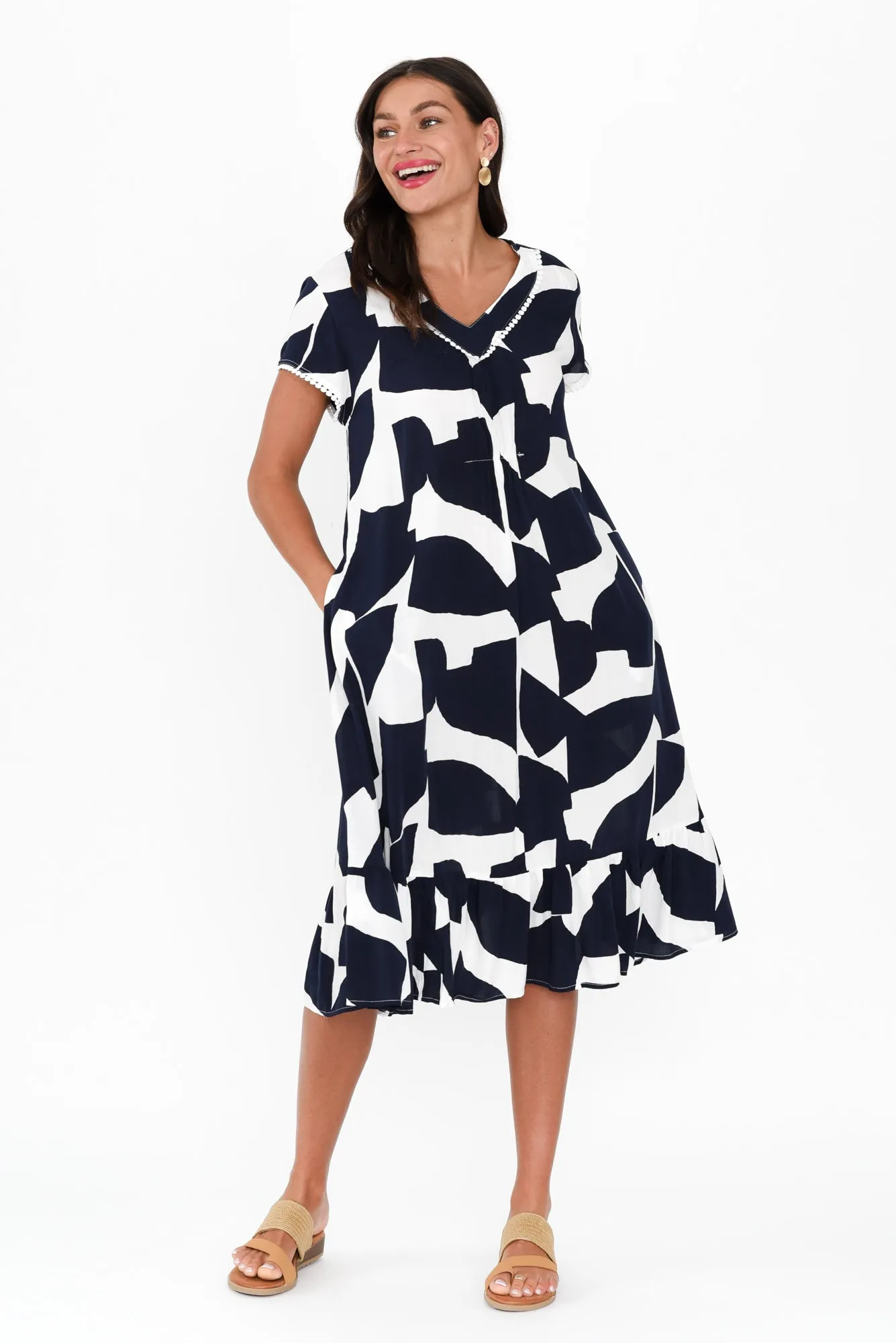 Karlie Navy Abstract V Neck Dress