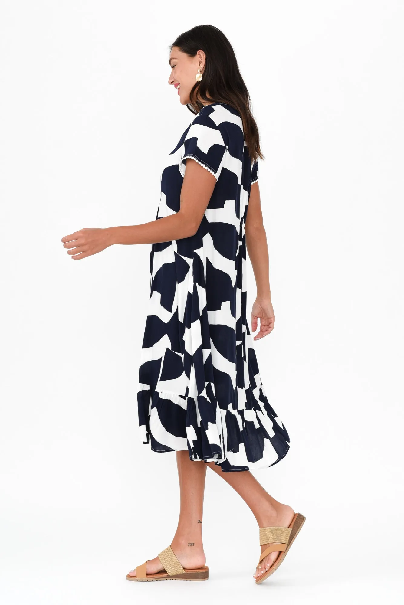 Karlie Navy Abstract V Neck Dress