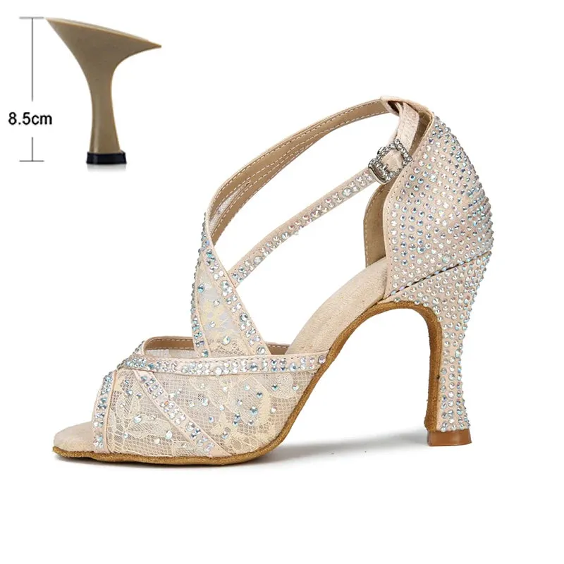 Mesh Breathable Latin Dance Shoes Women's High Heel Diamond Summer Sandals Indoor Soft Bottom Jazz Tango