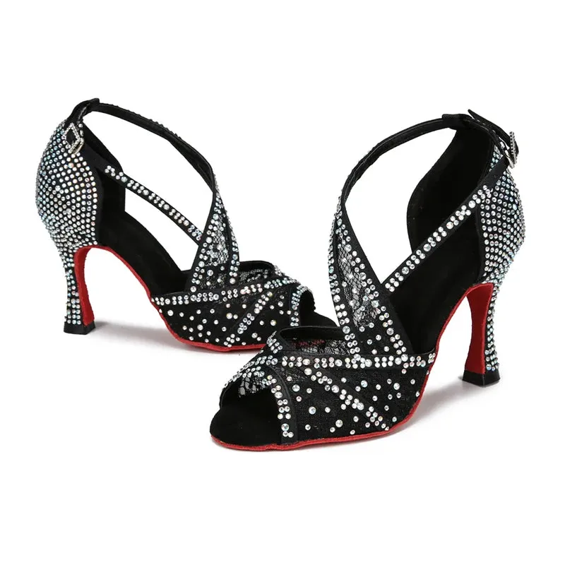 Mesh Breathable Latin Dance Shoes Women's High Heel Diamond Summer Sandals Indoor Soft Bottom Jazz Tango