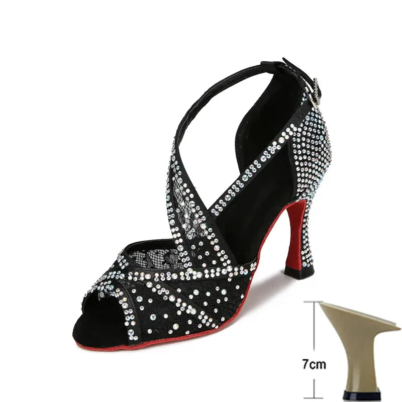 Mesh Breathable Latin Dance Shoes Women's High Heel Diamond Summer Sandals Indoor Soft Bottom Jazz Tango