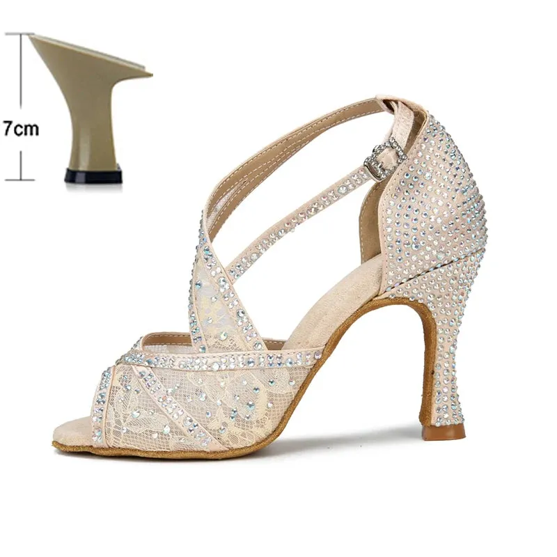 Mesh Breathable Latin Dance Shoes Women's High Heel Diamond Summer Sandals Indoor Soft Bottom Jazz Tango